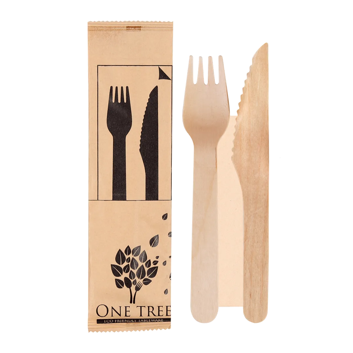 One Tree Wooden Cutlery Set Knife, Fork & Napkin 100pcs