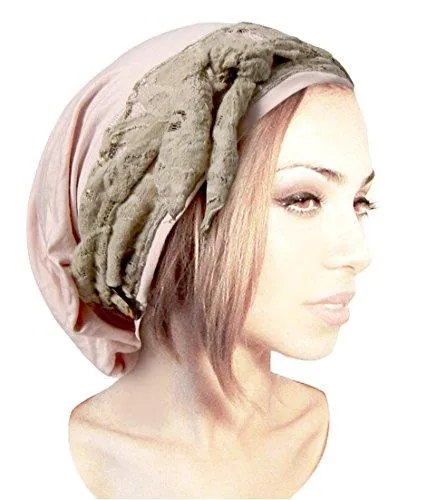 Pre-Tied Champagne Pink Head-scarf Boho Chic Head-Wrap Vintage Lace Handmade Coconut Buckles! (Champagne beige lace long)