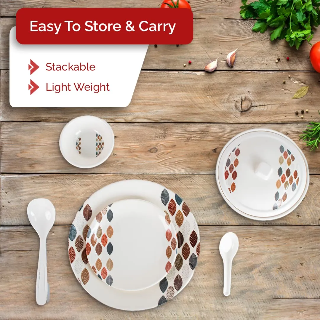 USHA SHRIRAM Dine Smart Melamine 32 Pieces Stylon Dinner Set Heat-Resistant | Durable | Shatter-Resistant | Light-Weight | BPA Free (Leaf Dot)