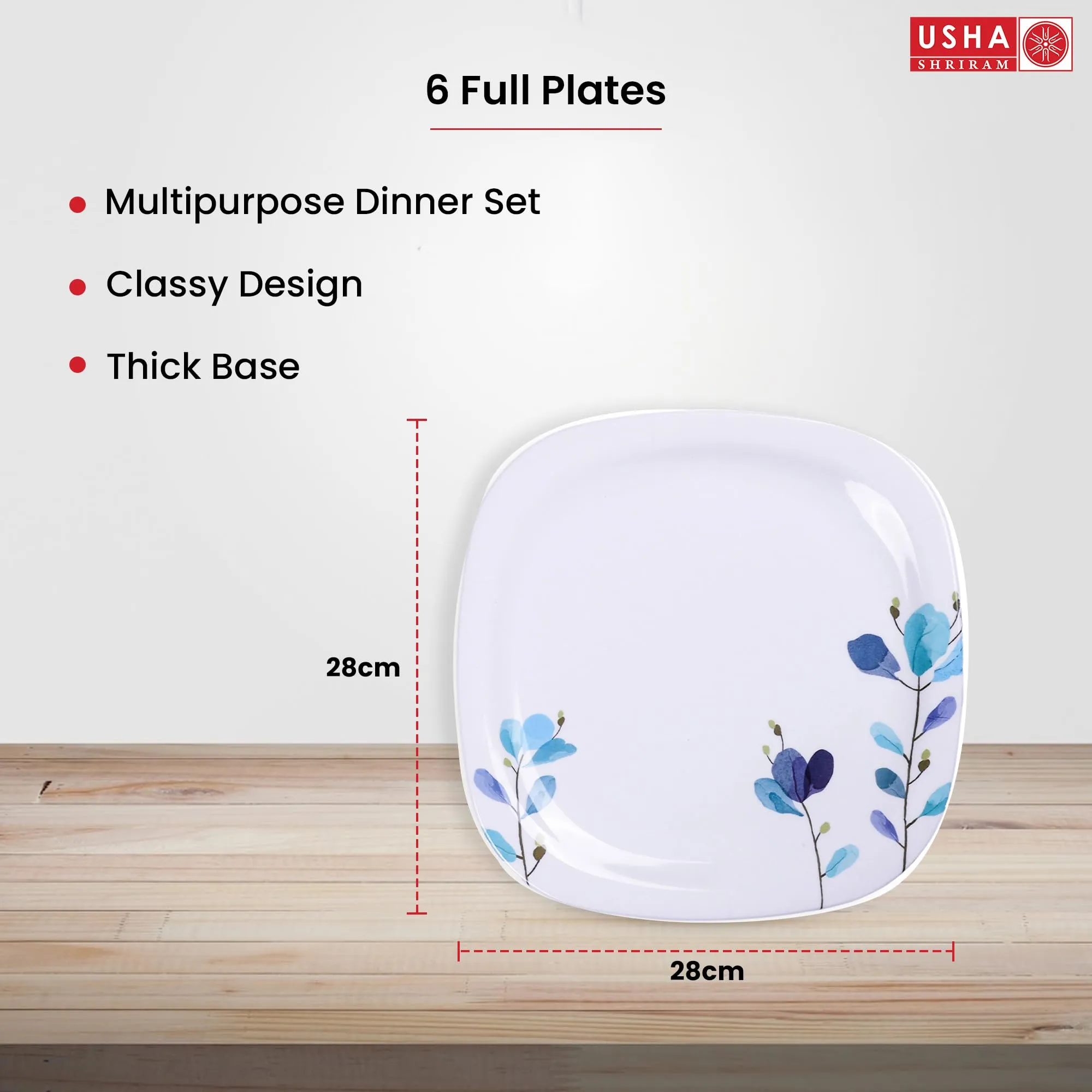 USHA SHRIRAM Melamine 12 Plate Set | Fibre Dinner Set for Family |Melamine Set | Unbreakable | Heat Resistant| Durable| Shatter Resistant| Light Weight| BPA Free (Square - Blue Flower)