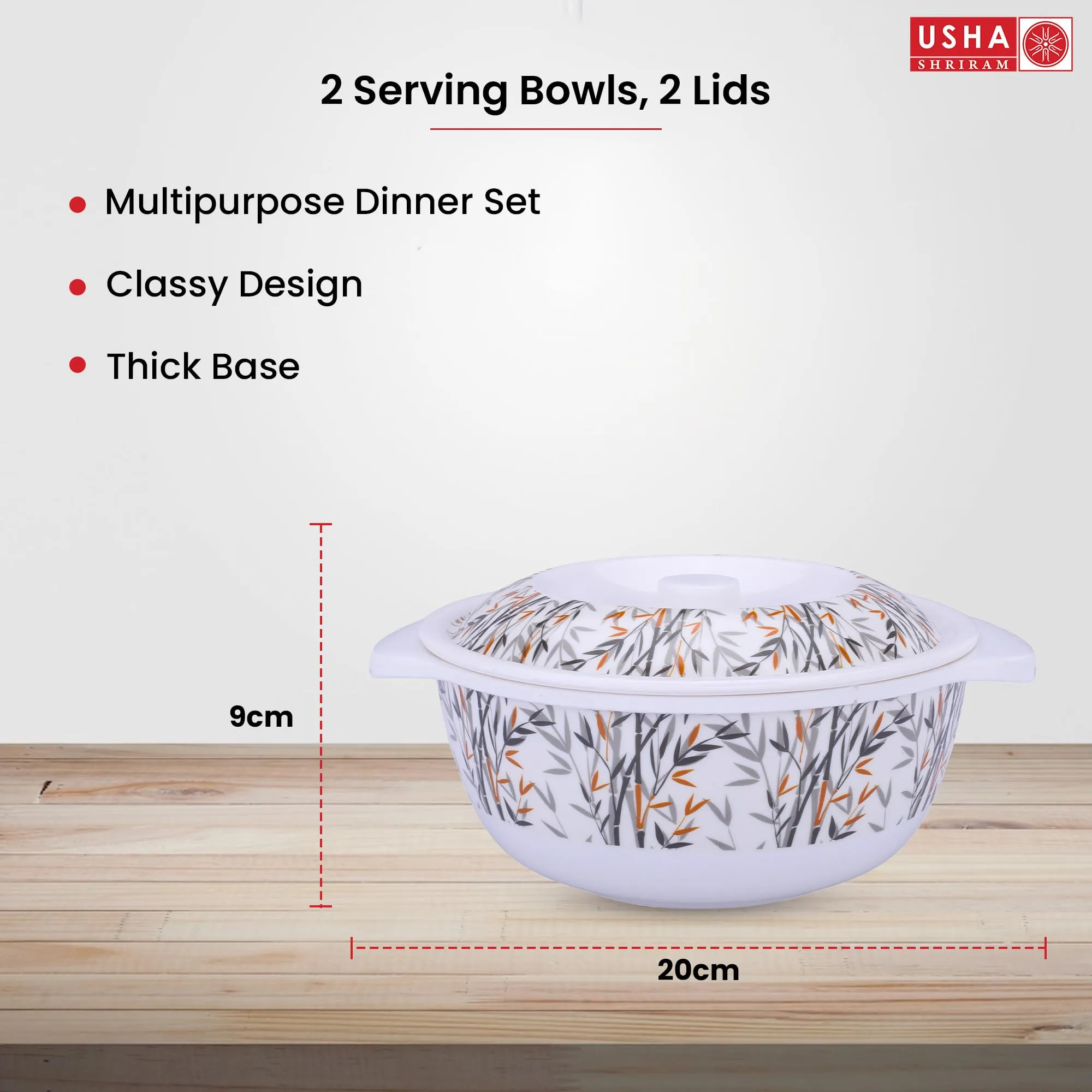 USHA SHRIRAM Melamine Serving Bowl (2Pcs - 1.4L Each) | Fibre Dinner Set for Family | Unbreakable | Heat Resistant| Durable Shatter Resistant | Light Weight | BPA Free (Yellow Bamboo)